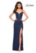 Picture of: Sultry Form Fitting Stretch Satin Dress with Leg Slit in Navy, Style: 27617, Detail Picture 5
