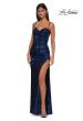 Picture of: Metallic Jersey Fitted Dress with Corset Top and Sheer Back in Navy, Style: 32526, Detail Picture 5
