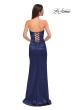 Picture of: Strapless Satin Evening Dress with Ruching and Lace Up Back in Navy , Style 32952, Detail Picture 6