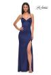 Picture of: Fitted Simple Satin Prom Dress with Lace Up Back in Navy , Style 33010, Detail Picture 6