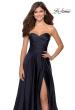 Picture of: Strapless Satin Gown with Pleated Bodice and Slit in Navy, Style: 28608, Detail Picture 7