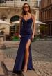 Picture of: Lace Bodice Fitted Gown with Slit and Open Back in Navy, Style: 33395, Detail Picture 7