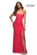 Picture of: Neon Jersey Luxe Gown with Draped Slit and Strappy Back in Neon Coral, Detail Picture 1