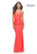 Picture of: Open Lace Up Back Long Gown with Lace Side Detail in Neon Coral, Style: 31365, Detail Picture 2