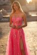 Picture of: Strapless Tulle A-Line Dress with Sequin Floral Applique in Neon Pink, Style: 32137, Detail Picture 2