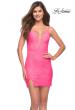 Picture of: Fitted Neon Pink Short Lace Dress with Deep V in Neon Pink, Style 30990, Main Picture