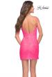 Picture of: Fitted Neon Pink Short Lace Dress with Deep V in Neon Pink, Style 30990, Back Picture