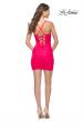 Picture of: Bustier Top Dress with Ruched Skirt and Lace Up Back in Hot Pink in Neon Pink, Style: 31466, Detail Picture 2