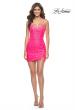 Picture of: Beaded Lace Homecoming Dress with Bustier Top in Neon Pink, Style: 31736, Detail Picture 5