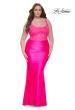 Picture of: Ruched Jersey Plus Dress with Illusion Lace Bodice and Tie Back in Neon Pink, Style: 31273, Detail Picture 2