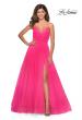 Picture of: Long Tulle Prom Dress with Criss Cross Bodice Detail in Neon Pink, Style: 28893, Main Picture