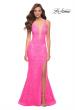 Picture of: Stretch Lace Gown with Slit and Open Keyhole Back in Neon Pink, Style 29978, Main Picture