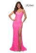 Picture of: Neon Lace Prom Gown With Sheer Bodice and Tie Up Back in Neon Pink, Main Picture