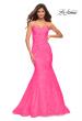 Picture of: Neon Pink Mermaid Lace Gown with Sheer Bodice and Open Back in Neon Pink, Main Picture