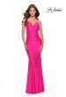 Picture of: Open Lace Up Back Long Gown with Lace Side Detail in Neon Pink, Style: 31365, Main Picture