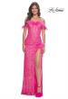 Picture of: Sequin Bustier Dress with Off the Shoulder Feather Lined Top and Slit in Neon Pink, Style: 32150, Main Picture