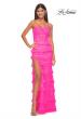 Picture of: Fitted Ruffle Skirt Lace Dress with Illusion Bodice in Neon Pink, Style: 32442, Main Picture