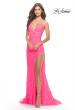 Picture of: Rhinestone Lace Embellished Prom Dress with High Side Slit in Bright Colors in Neon Pink, Style: 31404, Detail Picture 9