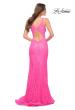 Picture of: Stretch Lace Gown with Slit and Open Keyhole Back in Neon Pink, Style 29978, Back Picture