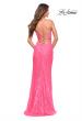 Picture of: Illusion Lace Gown with Deep V Neckline in Neon Pink, Style: 30694, Back Picture