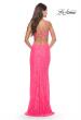 Picture of: Beaded Lace Prom Dress with Side Cutouts and Slit in Neon Pink, Style: 31568, Back Picture