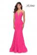 Picture of: Long Mermaid Lace Dress with Back Rhinestone Detail in Neon Pink, Style: 28355, Detail Picture 1