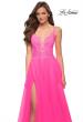 Picture of: A Line Tulle Gown with Lace Bodice and V Back in Neon Pink, Style 29964, Detail Picture 1