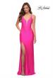 Picture of: Neon Prom Gown with Rhinestone Fabric and Deep V in Neon Pink, Style 29969, Detail Picture 1
