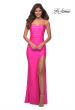 Picture of: Neon Pink Long Tie Up Back Jersey Prom Dress with Slit in Neon Pink, Detail Picture 1