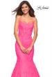 Picture of: Neon Pink Mermaid Lace Gown with Sheer Bodice and Open Back in Neon Pink, Detail Picture 1
