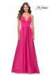 Picture of: A-Line Satin Gown with Ruched Bodice and V Neck in Neon in Neon Pink, Style: 31121, Detail Picture 1