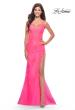 Picture of: Lace Long Dress with High Side Slit and V Neckline in Neon Pink, Style: 31125, Detail Picture 1