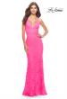 Picture of: Fitted Stretch Lace Prom Dress with Banded Waist in Neon in Neon Pink, Style: 31417, Detail Picture 1