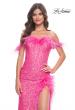 Picture of: Sequin Bustier Dress with Off the Shoulder Feather Lined Top and Slit in Neon Pink, Style: 32150, Detail Picture 1