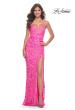 Picture of: Neon Print Sequin Long Prom Dress with Lace Up Back in Neon Pink, Style: 32332, Detail Picture 1
