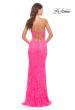 Picture of: Fitted Stretch Lace Prom Dress with Banded Waist in Neon in Neon Pink, Style: 31417, Detail Picture 2