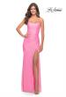 Picture of: Lace Up Back Sequin Gown with Flare Skirt in Bright Colors in Neon Pink, Style: 31509, Detail Picture 2