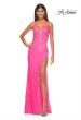 Picture of: Lace Fitted Dress with Deep V Neckline and Lace Applique in Neon Pink, Style: 32205, Detail Picture 3