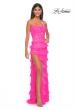 Picture of: Fitted Ruffle Skirt Lace Dress with Illusion Bodice in Neon Pink, Style: 32442, Detail Picture 3