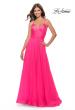 Picture of: Chiffon Prom Dress with Ruched Bodice and Slit in Neon Pink, Style: 30840, Detail Picture 5
