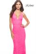 Picture of: Fitted Stretch Lace Prom Dress with Banded Waist in Neon in Neon Pink, Style: 31417, Detail Picture 5