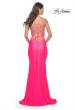 Picture of: Fitted Jersey Prom Dress with Rhinestone Beaded Illusion Bodice in Neon Pink, Style: 32054, Detail Picture 5