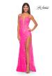 Picture of: Lace Fitted Dress with Deep V Neckline and Lace Applique in Neon Pink, Style: 32205, Detail Picture 5