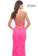 Picture of: Fitted Stretch Lace Prom Dress with Banded Waist in Neon in Neon Pink, Style: 31417, Detail Picture 6