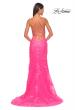 Picture of: Lace Fitted Dress with Deep V Neckline and Lace Applique in Neon Pink, Style: 32205, Detail Picture 6