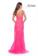 Picture of: Lace Long Dress with High Side Slit and V Neckline in Neon Pink, Style: 31125, Detail Picture 7