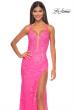 Picture of: Lace Fitted Dress with Deep V Neckline and Lace Applique in Neon Pink, Style: 32205, Detail Picture 7