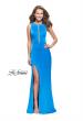 Picture of: Long Satin prom Dress with Plunging Neckline and Slit in Ocean Blue, Style: 26235, Main Picture