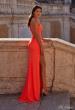 Picture of: Ruched Jersey Dress with Draped Neckline and High Slit in Orange, Style: 32152, Detail Picture 3