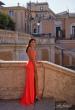 Picture of: Ruched Jersey Dress with Draped Neckline and High Slit in Orange, Style: 32152, Detail Picture 4